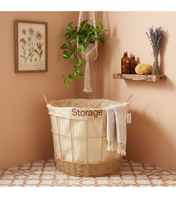 Boho Καλάθι Αποθήκευσης με Ψάθινη ΒάσηΕξοπλισμός μπάνιου