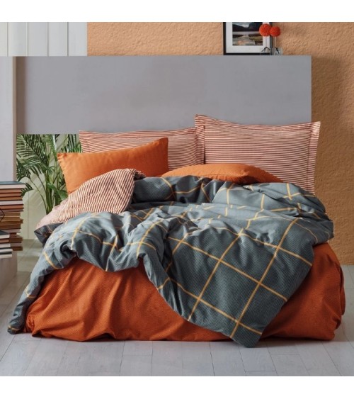 Σετ Παπλωματοθήκη Stark Cotton Box 4τμχ Διπλή (200x220) χρώμα cinnamon-μπλε Σετ Παπλωματοθήκες & Παπλώματα