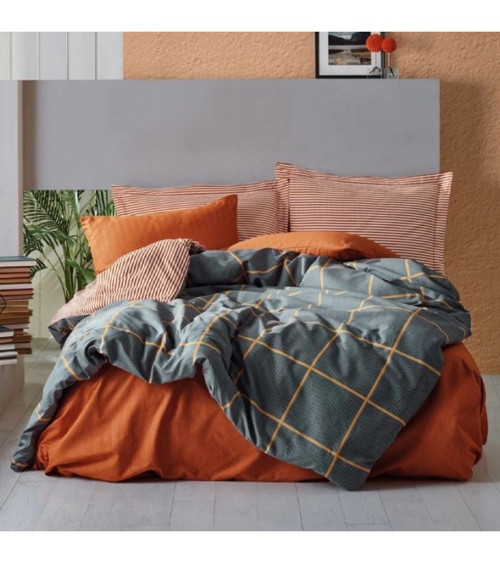 Σετ Παπλωματοθήκη Stark Cotton Box 4τμχ Διπλή (200x220) χρώμα cinnamon-μπλε Σετ Παπλωματοθήκες & Παπλώματα