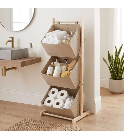 Ξύλινο Έπιπλο Οργάνωσης 3 Θέσεων με Υφασμάτινα Καλάθια Μπεζ 115εκ.