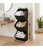 Ξύλινο Έπιπλο Οργάνωσης 3 Θέσεων με Υφασμάτινα Καλάθια Μαύρο 115 εκ.