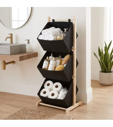 Ξύλινο Έπιπλο Οργάνωσης 3 Θέσεων με Υφασμάτινα Καλάθια Μαύρο 115 εκ.