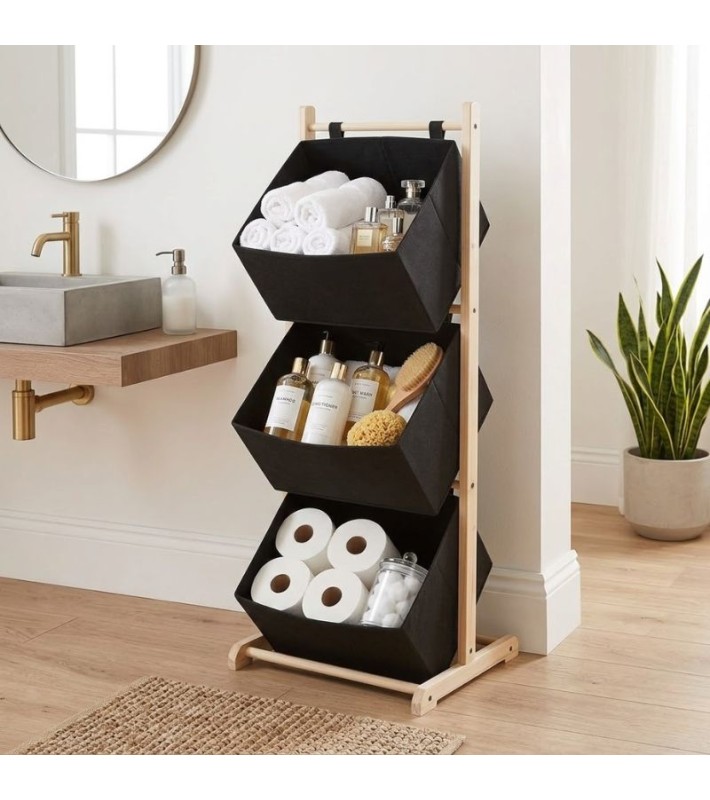 Ξύλινο Έπιπλο Οργάνωσης 3 Θέσεων με Υφασμάτινα Καλάθια Μαύρο 115 εκ.