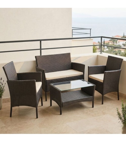 Σετ Σαλόνι Κήπου 4 Τεμαχίων Καφέ Rattan με Μαξιλάρια Σαλόνια Κήπου & Βεράντας 