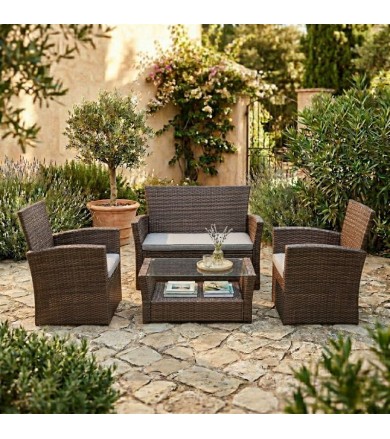 Σετ Σαλόνι Κήπου 4 Τεμαχίων Καφέ Rattan με Μαξιλάρια
