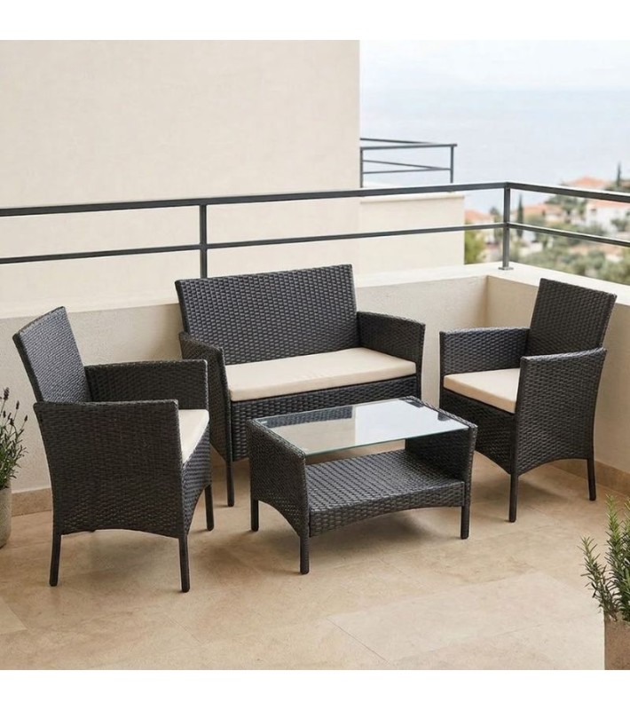 Σετ Σαλόνι Κήπου 4 Τεμαχίων Γκρι Rattan με Μαξιλάρια Σαλόνια Κήπου & Βεράντας 