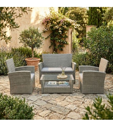 Σετ Σαλόνι Κήπου 4 Τεμαχίων Γκρι Rattan με Μαξιλάρια