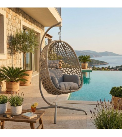Κρεμαστή Πολυθρόνα - Φωλιά Rattan με Μαξιλάρια σε Γκρι Χρώμα Κούνιες-Φωλιές κήπου 