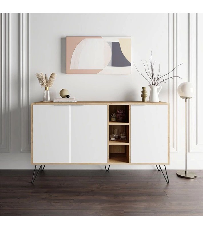 Μπουφές μελαμίνης Clara φυσικό οξιάς - λευκό 142x35,6x83εκ. Νέες Παραλαβές