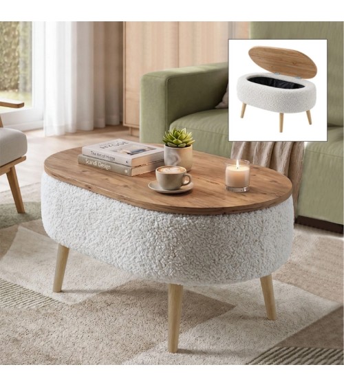 Τραπεζάκι σαλονιού Luno  ύφασμα teddy χρώμα λευκό - pine oak 90x60x45εκ. Τραπεζάκια σαλονιού
