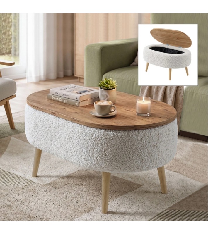 Τραπεζάκι σαλονιού Luno  ύφασμα teddy χρώμα λευκό - pine oak 90x60x45εκ. Τραπεζάκια σαλονιού