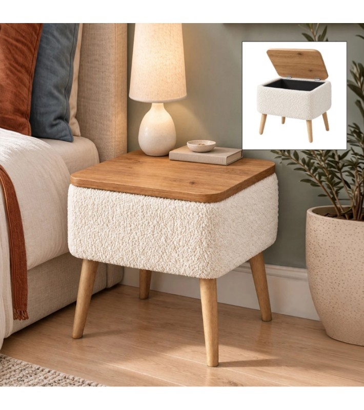 Κομοδίνο Nivo  ύφασμα teddy χρώμα λευκό - pine oak 45x35x45εκ. Κομοδίνα & Βοηθητικά Τραπεζάκια
