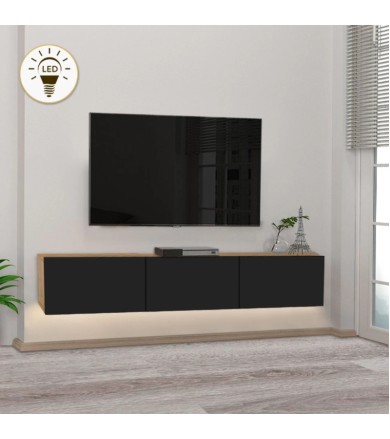 Έπιπλο τηλεόρασης επιτοίχιο Damla με LED  sapphire oak - μαύρο 180x29,5x29,5εκ. Έπιπλα τηλεόρασης
